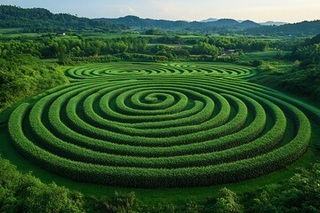 Naklejka premium Aerial View of Spiraling Green Fields in Rural Landscape