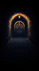 Obraz premium Dark Stone Tunnel Illuminates with Warm Lights Leading into the Unknown Depths Mysteriously