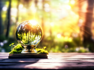 Crystal Ball Reflects Forest in Sunlight on Wooden Table with Moss Beautifully