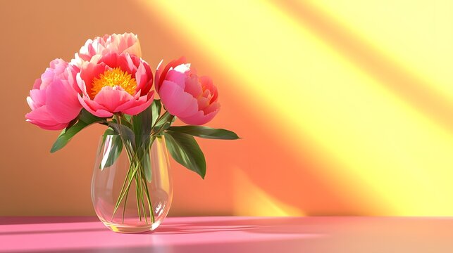 Pink Peonies in a Glass Vase Sunlight Background