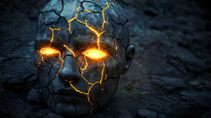 Cracked mask with glowing eyes in darkness. Perfect for psychological thriller or inner darkness concepts.