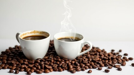 Obraz premium Two steaming cups of aromatic coffee nestled amongst a generous scattering of freshly roasted beans, a delightful morning scene