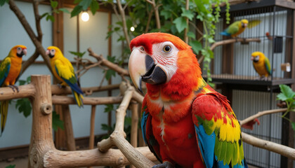 Obraz premium Colorful parrot posing on tree branch in a vibrant aviary, Pet Day
