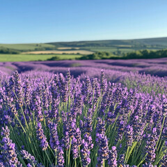 A field of purple lavender flowers with a clear blue sky in the background