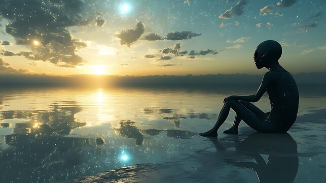 An alien sitting on a beach watching the reflection of cosmic phenomena in the calm waters