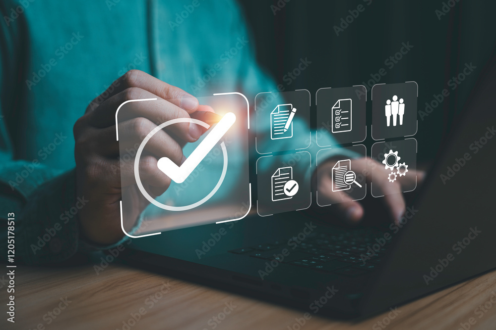 Aufkleber businessman using laptop computer with correct sign mark and document icon and human for iso or inte