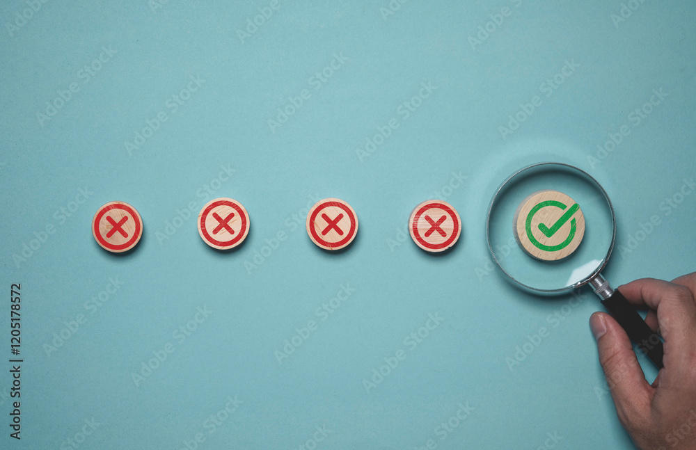 Poster hand holding magnifier glass with correct mark among cross sign mark for focus project and document 