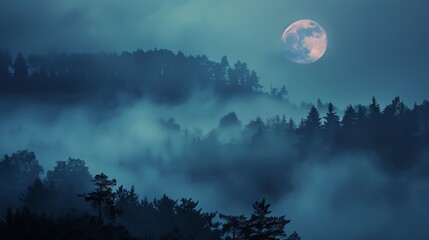 Fototapeta premium The full moon rises over a misty forest. The dark blue sky is filled with a soft glow of light.