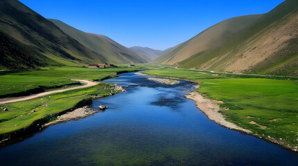 Serene River Flows Through a Green Valley Nestled Between Rolling Hills Under a Clear Blue Sky