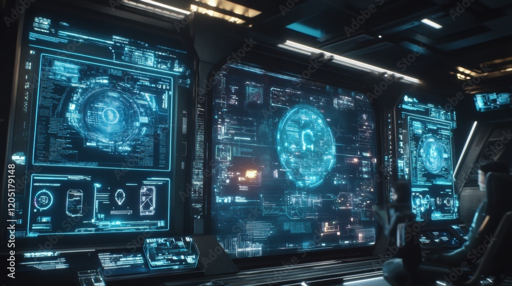Poster Futuristic control room features advanced technology and holographic displays showcasing data analysis in a sci fi setting. Generative AI