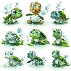 Fototapeta premium Series of cartoon turtles in various poses, with one of them looking sad