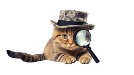 Detective Cat with Magnifying Glass Stock Image isolated on transparent background