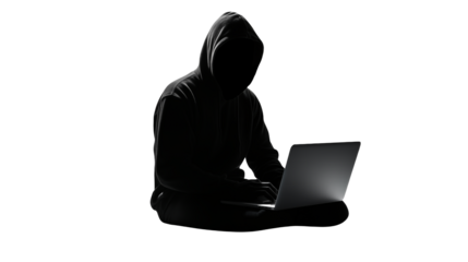 Mysterious Hacker Silhouette Working on Laptop at Night isolated on transparent background