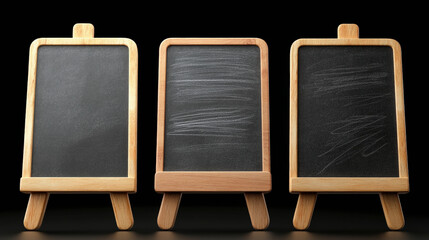 Three blank chalkboards on wooden easels, perfect for educational settings, creative displays, or customizable signage in classrooms or events.