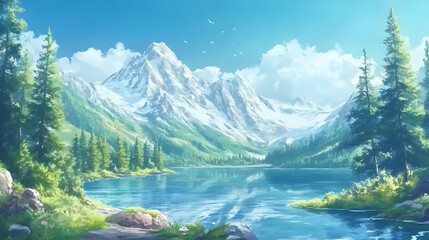 Fototapeta premium Scenic mountain lake view nature landscape tranquil environment outdoor serenity vibrant colors