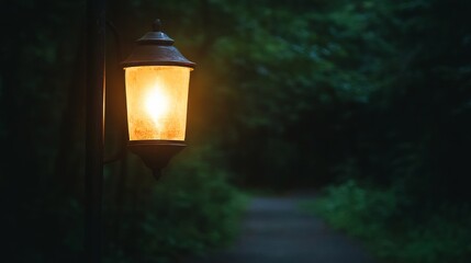 Illuminated Lantern on a Dark Forest Path at Night