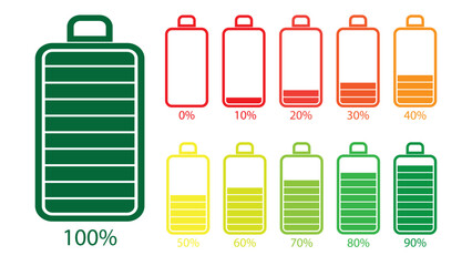 Isolate of battery charge flat icons in multiple colors since 0% to 100% for battery charging indicator by vector illustration and EPS file.