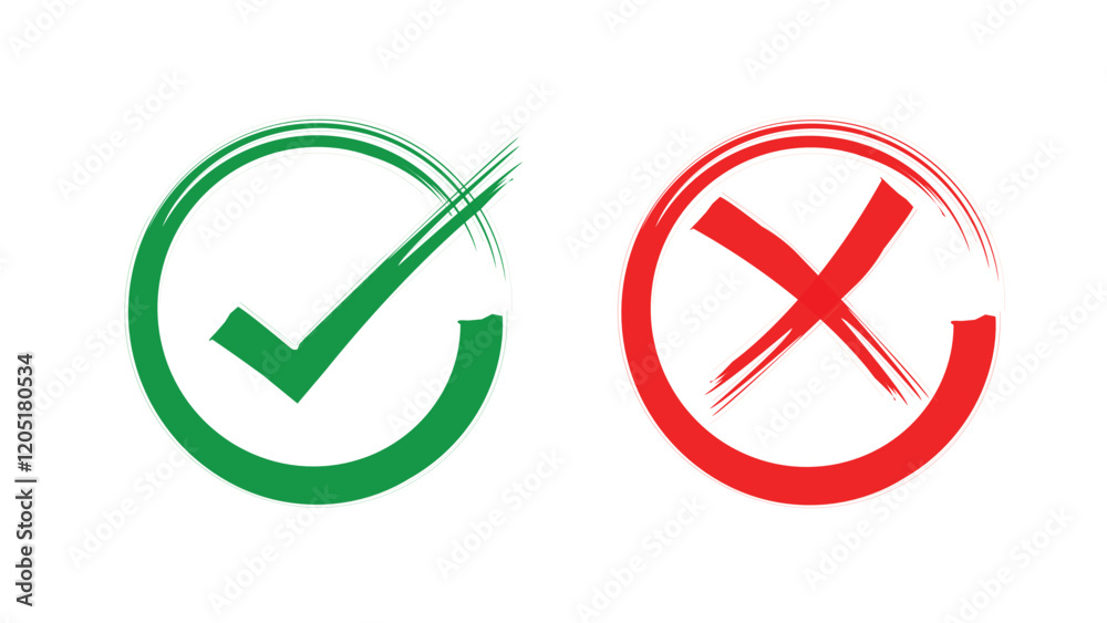 Poster Isolated of green correct right and red wrong icon  on white background for approve and reject by vector illustration and EPS file.