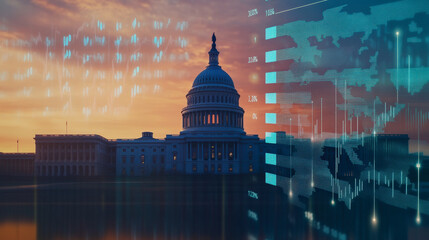 Sunset over the U.S. Capitol building with digital economic data overlay, symbolizing government influence on financial markets today.
