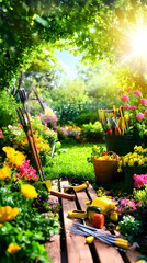 Naklejka premium Gardening tools lay on a wooden walkway in a lush garden filled with colorful flowers in full bloom.