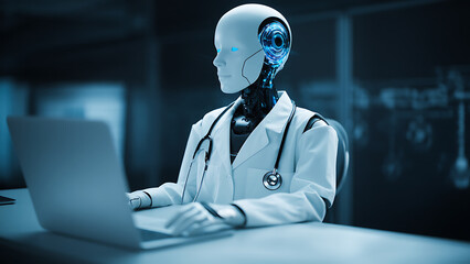 futuristic robot doctor using laptop in medical setting, showcasing advanced technology and healthcare innovation. scene reflects integration of AI in medicine