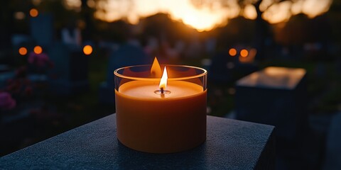 A lit candle on a gravestone at sunset, creating a serene and reflective atmosphere.