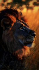 Naklejka premium Majestic Lion Gazes into Golden Sunset, a Portrait of Wildlife Beauty in Nature's Embrace.