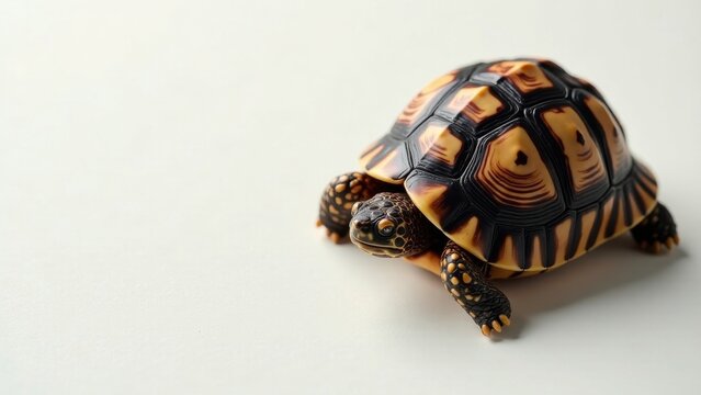 A Small Reptile with a Striking Shell Pattern on a White Background