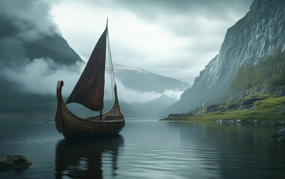 Viking village, drakkar on the water, mountains	
