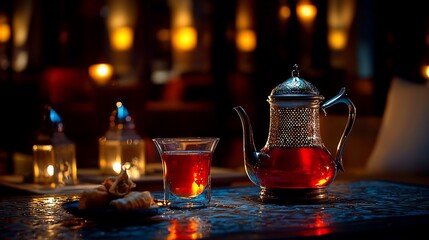 Red tea in glass and teapot with cookies, lit lanterns background.