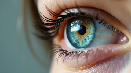 Fototapeta premium A close-up detailed view of a human eye, showcasing the intricate details of the iris, pupil, and eyelashes, with a soft focus background