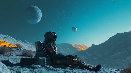 An alien reclined in a valley observing the slow movement of planets across the night sky