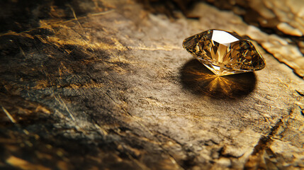 Diamond on rustic wooden surface in golden light. Great for luxury heritage or artisanal jewelry concepts.