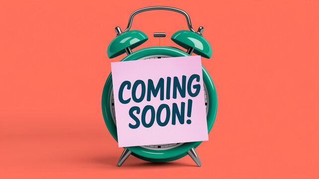 Retro Alarm Clock with Pink "Coming Soon" Sticky Note on a Green Background