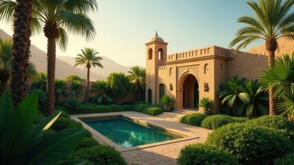 Fototapeta premium Serene Oasis Architectural Marvel with Lush Landscaping and a Sparkling Pool at Sunset