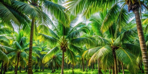 Fototapeta premium Dense cluster of tall coconut palm leaves in a lush tropical garden, greenery, coconut palm, greenery