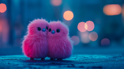 Two pink fluffy bird-like beings standing close to each other almost hugging