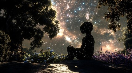 An alien seated in an alien garden observing the majesty of the night sky and its wonders