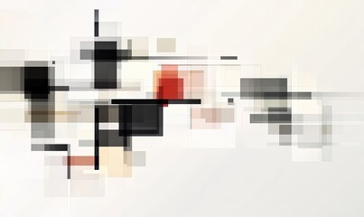 Abstract composition featuring geometric shapes in black, white, and red.