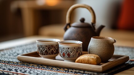 Tea ceremony scene with teapot, cups, and pastry.