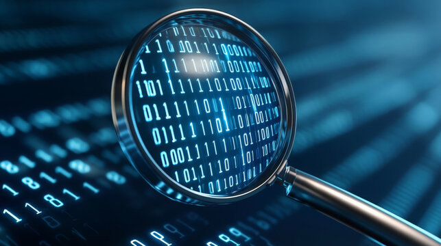 digital illustration of magnifying glass focusing on binary code, symbolizing data analysis and technology. image conveys sense of exploration and discovery in digital realm