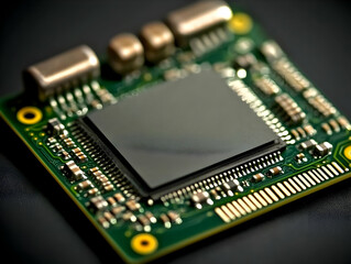 Obraz premium Close-Up of a Green Circuit Board Shows a Black Chip, Resistors, and Connectors Precisely Arranged.
