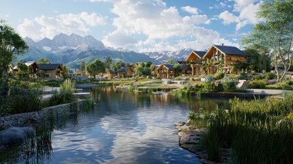 Fototapeta premium Mountain lakefront cabins, sunny day, alpine vista, real estate brochure