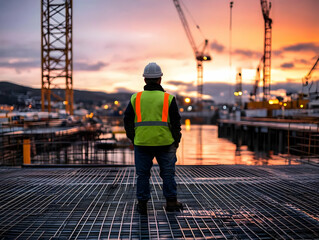 Construction Worker Stands on Metal Grating, Observing Sunset Over Busy Industrial Site