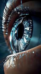 Close-up of an eye with digital circuits integrated into the iris, creating a futuristic cyborg effect.