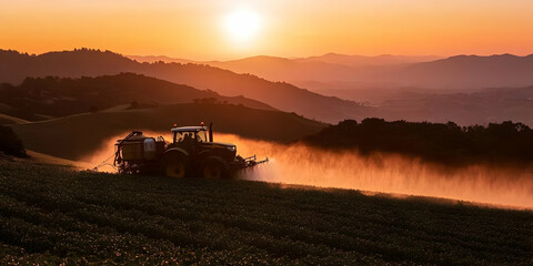 Fototapeta premium Tractor sprays crops in a field at sunset, creating a misty scene with rolling hills.