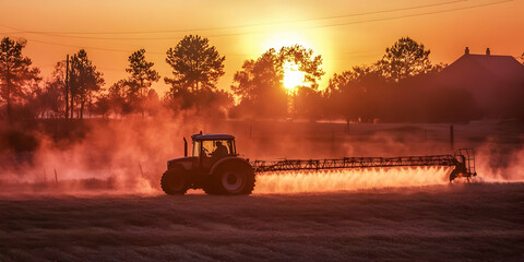Fototapeta premium Tractor sprays field at sunset, creating a hazy, agricultural scene of rural work.