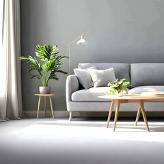Modern Living Room Interior with Gray Sofa and Wooden Coffee Table Illuminated by Natural Light.