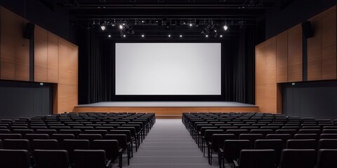 audience presentation auditorium projectionscreen. A modern auditorium featuring a large blank screen and rows of empty seats, ready for a presentation or screening.