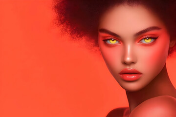 3D Woman with Afro and Gold Eyes Poses Elegantly with Red Makeup on an Orange Background